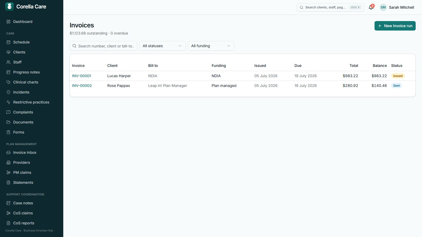 Invoices list grouped by client and funding type